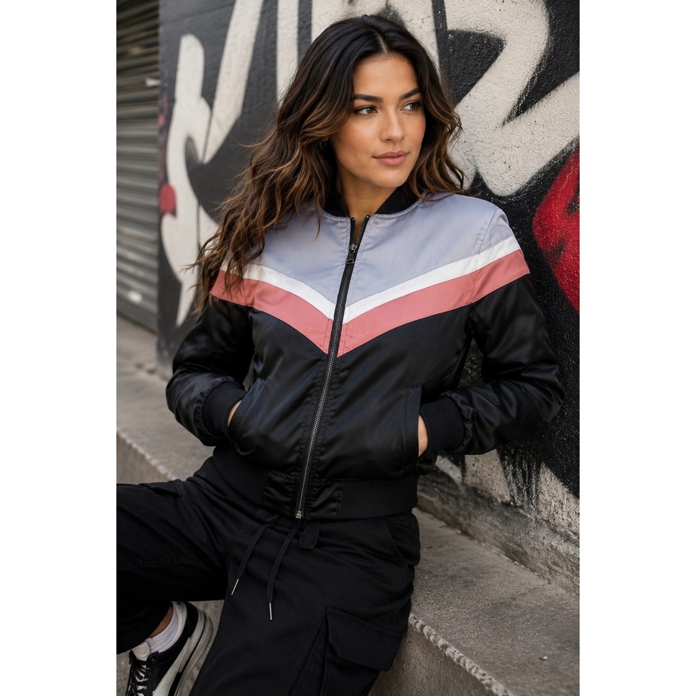 Express Satin Bomber Jacket XS Colorblock Chevron Varsity Y2K Zip Black Pink‎